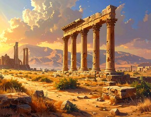 Fototapeta premium Ancient stone structure with columns in desert landscape