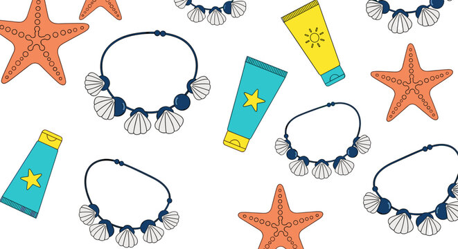 Summer beach vacation essentials: starfish, sunscreen tubes, and shell bracelets create a fun seaside pattern illustrating relaxation, recreation, and summer holidays for lifestyle.