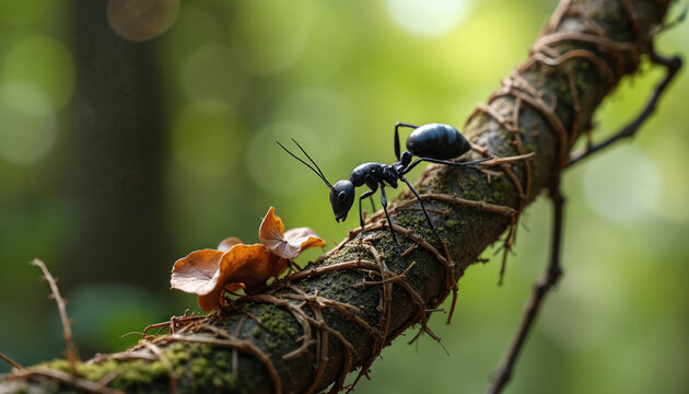 Black ant walks on mossy tree branch near dry leaves. Insect in focus against blurred green background. Macro view of small creature in wild nature.