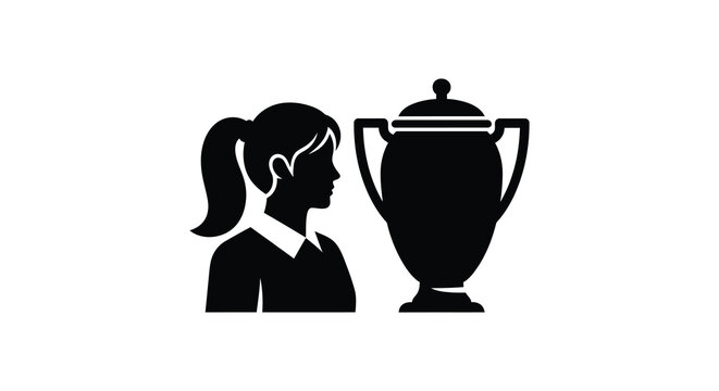 A striking black silhouette depicts a woman with a ponytail beside an ornate classical urn silhouette high quality