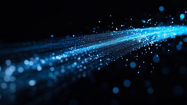 Abstract Glowing Blue Particle Wave with Digital Data Flow and Soft Bokeh Light Effects on a Deep Black Background for Technology Science and Future Concepts