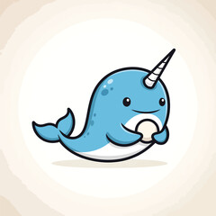 Fototapeta premium Adorable cartoon narwhal illustration with blue body, big eyes, tusk and holding a sphere. Background is a simple circle