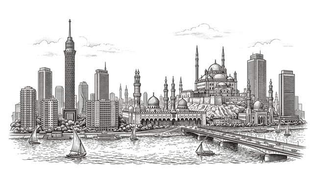 A detailed pen and ink drawing of the Cairo skyline, featuring the Cairo Tower, modern skyscrapers, and historic mosques along the Nile River with sailboats.