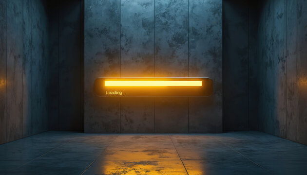 Glowing progress bar waits for data. Digital interface shows loading process. Computer screen waits for information. Tech concept for system update or software installation. Data transfer in progress.