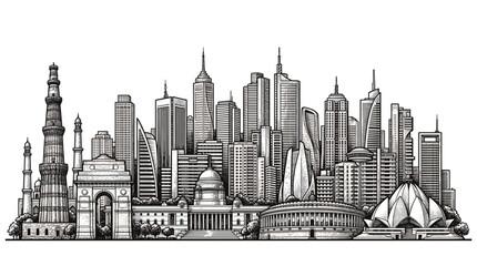 Fototapeta premium A detailed black and white illustration of the New Delhi skyline, showcasing iconic landmarks and modern skyscrapers.