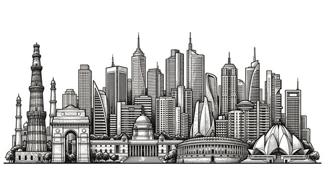 A detailed black and white illustration of the New Delhi skyline, showcasing iconic landmarks and modern skyscrapers.