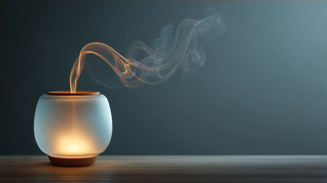 Elegant essential oil diffuser lamp emitting warm light and a graceful swirl of aromatic vapor on a wooden table, minimalist zen concept for wellness, spa, and relaxation.
