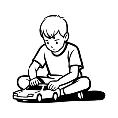 Dibujo sencillo con líneas de un niño jugando con un coche de juguete © teracreonte