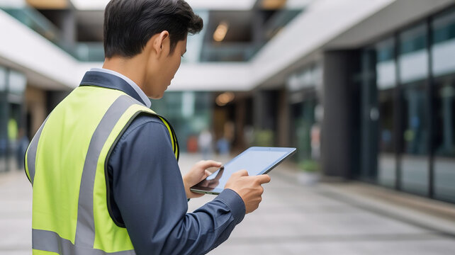 Construction worker with hard hat and hi-vis vest using tablet computer, modern office building background, safety vest, high visibility