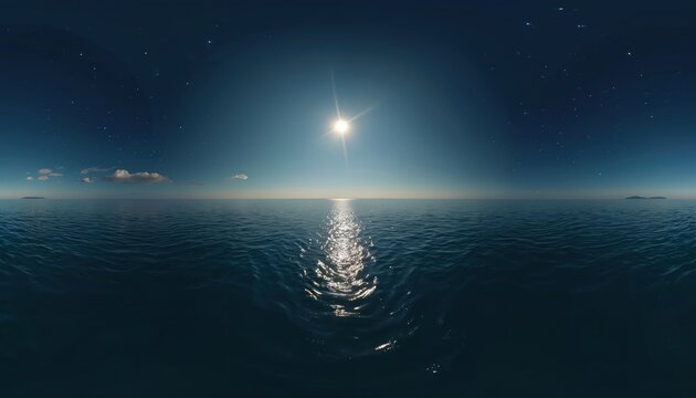 360 view ocean expanse under starry night sky. Full moon shines bright reflecting light on calm water surface. Distant islands visible on horizon.