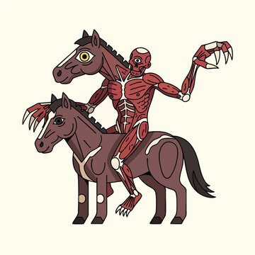 An illustration presents a two-headed brown equine figure being ridden by a humanoid with exposed muscles. Claws and anatomical detail are notable