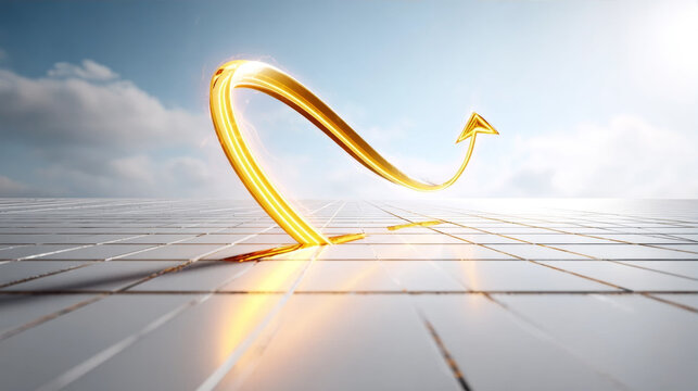 Golden glowing 3D arrow rebounding from a modern grid surface towards a bright sky symbolizing financial recovery business growth economic success and positive market trends