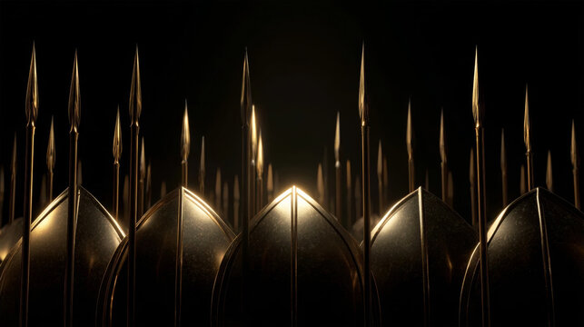 Cinematic Shot of Ancient Golden Army Phalanx with Rows of Sharp Spears and Polished Shields Standing in Formation Ready for Battle Against a Dark Dramatic Background