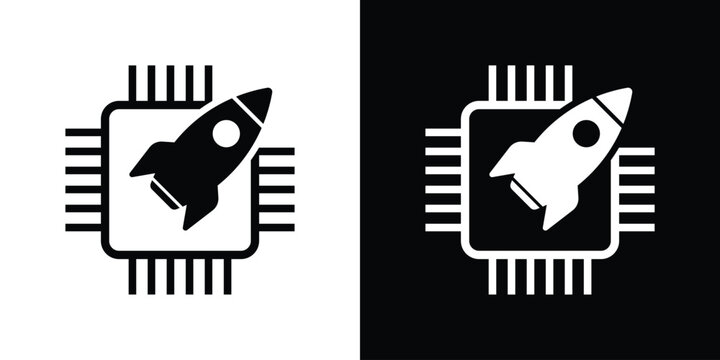 CPU chip icon with a rocket symbol, representing high-speed processing, performance boost, and fast computing. Concept of overclocking, system optimization, and advanced microprocessor tech.