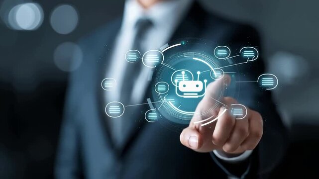 Businessman fine-tuning AI chatbot hologram interface with interactive conversation nodes in a modern office enhancing collaboration and customer interaction in a tech-savvy environment.