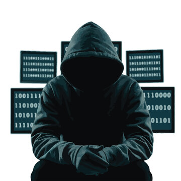 Hacker in Hoodie with Binary Code Screens Cyber Security Concept