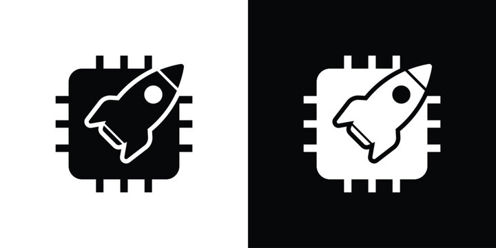 CPU chip icon with a rocket symbol, representing high-speed processing, performance boost, and fast computing. Concept of overclocking, system optimization, and advanced microprocessor tech.