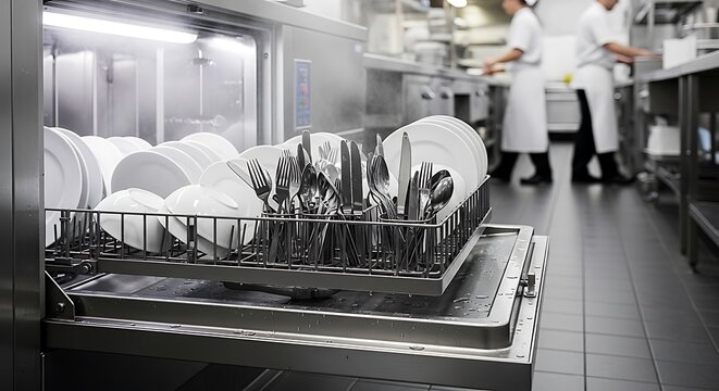 Dishwasher in a commercial kitchen with clean dishes.