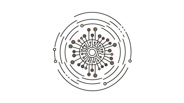 Circular network diagram with nodes and connecting lines representing complex systems data distribution or microscopic biological structures.