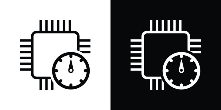 Outline vector icon of a microprocessor with a speedometer. Represents system monitoring, CPU clock speed, and performance tracking. Clean line art for technical diagrams and dashboard UI.