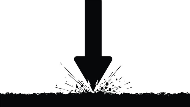 Downward arrow impact silhouette representing crash landing and market decrease or physical collision forces in conceptual graphic design.