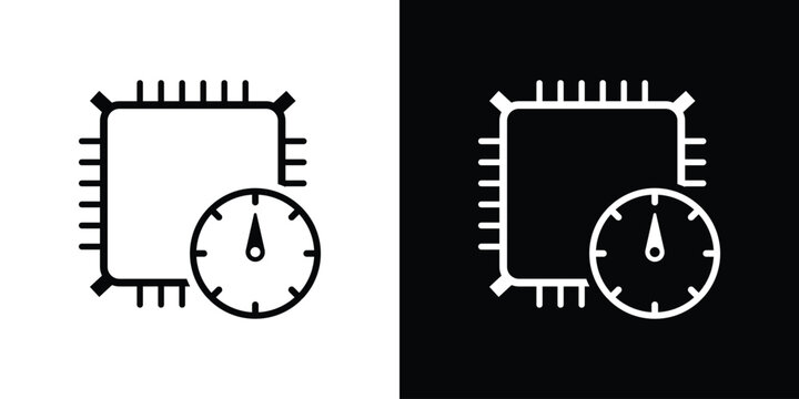 Outline vector icon of a microprocessor with a speedometer. Represents system monitoring, CPU clock speed, and performance tracking. Clean line art for technical diagrams and dashboard UI.