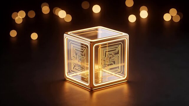 Golden glowing cube with circuit design