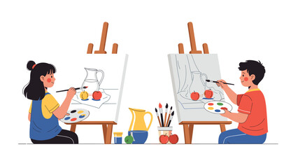 Fototapeta premium Artistic scene of two young children focused on painting still life subjects on easels with fruit and jars during a creative lesson.