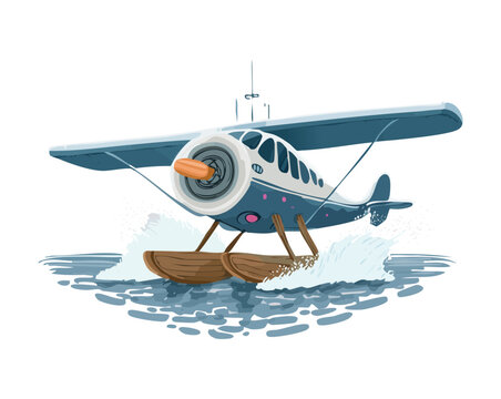 Amphibious seaplane with floats landing on water creating splashes for adventure travel and remote wilderness exploration concepts in bright colors