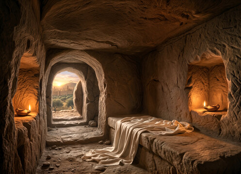 The empty tomb of Jesus, containing only a stone slab and a shroud. Jesus Christ is risen, his tomb is empty.	
