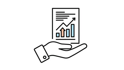 Obraz premium Business growth icon showing a hand holding a data report with a bar graph and an arrow pointing upwards for financial success.