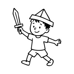 Dibujo sencillo con líneas de un niño jugando a los piratas con un gorro de papel y una espada de madera  © teracreonte