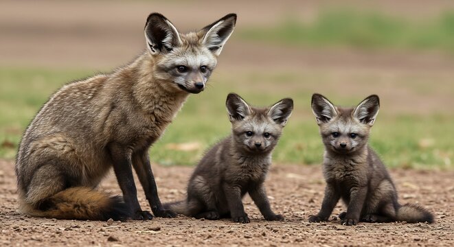 アフリカの広大なサバンナに広がる乾いた土の上 柔らかな自然光が降り注ぐ中 親オオミミギツネが愛らしい大きな耳の2匹の子ギツネをそっと見守る 心温まる野生動物の家族の絆が印象的な瞬間. AI Generated