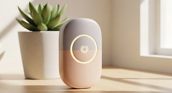 A modern, two-toned device with an illuminated power symbol. A small succulent sits nearby on a wooden surface by a window
