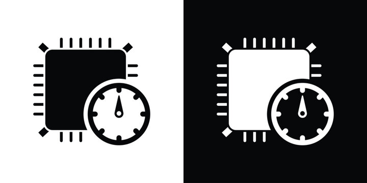 Outline vector icon of a microprocessor with a speedometer. Represents system monitoring, CPU clock speed, and performance tracking. Clean line art for technical diagrams and dashboard UI.