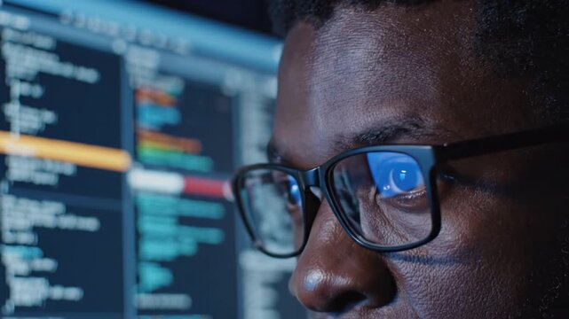 Close-up of a coder with glasses, eyes on glowing code across several screens in a dim desk setup..