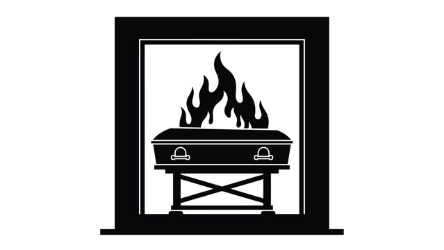 Black and white symbolic icon of a coffin being cremated in a furnace representing funerary services and the process of cremation.