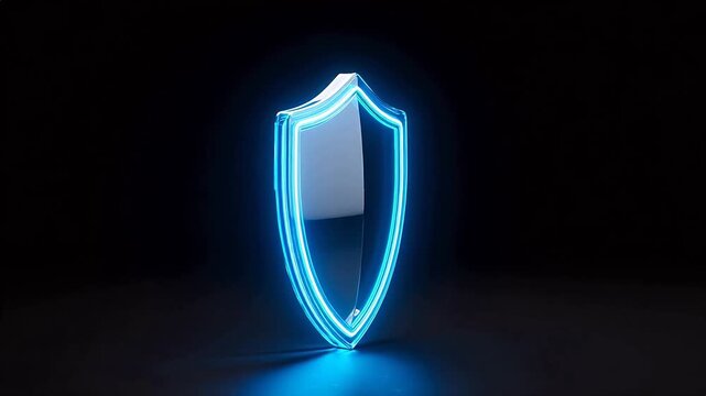 Neon-lit shield emblem glowing in dark background with blue and purple hues
