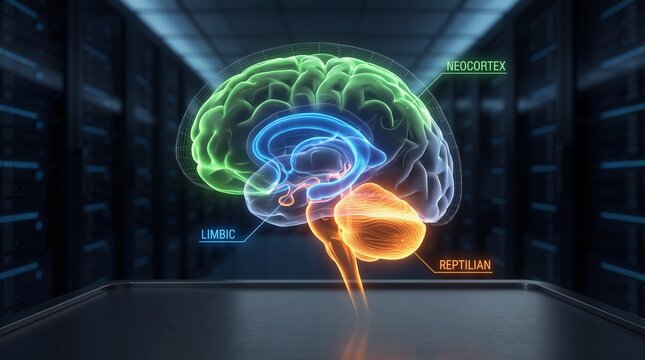 Hologram of human brain showing neocortex, limbic system and reptilian brain. Digital medical visualization of neural anatomy. Neurology research concept in modern server data center
