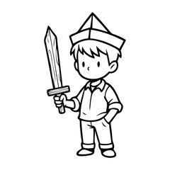 Dibujo sencillo con líneas de un niño jugando a los piratas con un gorro de papel y una espada de madera  © teracreonte