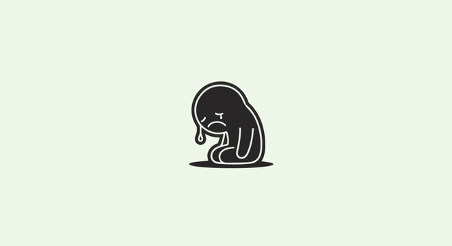 A simple, bold black graphic of a sad, crying, blob-like figure sits on a light background