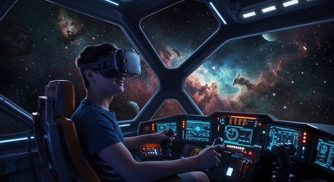 VRヘッドセットで宇宙船を操縦 鮮やかな星雲が輝く未来の没入型SF体験. AI Generated