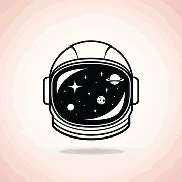Black and white astronaut helmet on a watercolor-like pink background. The visor depicts stars, planets, and a moon. It has a rounded shadow
