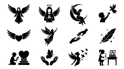Fototapeta premium Angel Memorial Grief and Remembrance Silhouette Icon Set for Loss Bereavement Tribute and In Memory Design Projects