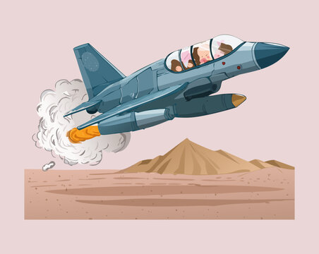 Military fighter jet taking off from a desert airbase for tactical defense missions and high speed aviation operations in professional vector style
