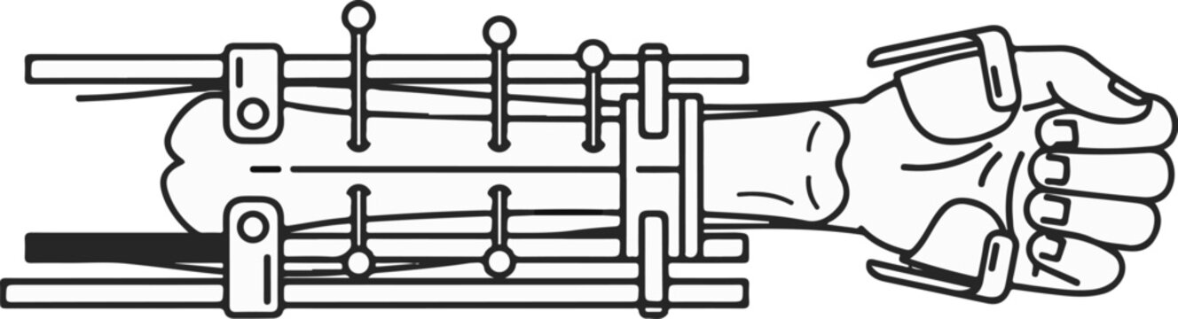 Line art shows a hand with a medical brace, wires, and pins attached