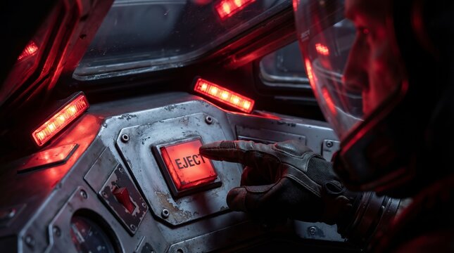 Pilot in cockpit pressing red eject button in fighter jet. Man in flight gear operating emergency escape system. Military aviation safety equipment, crisis and critical action scenario
