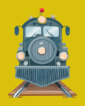 Historical steam train on yellow background for vintage railway branding and museum icons featuring classic black engine and smoke stack design