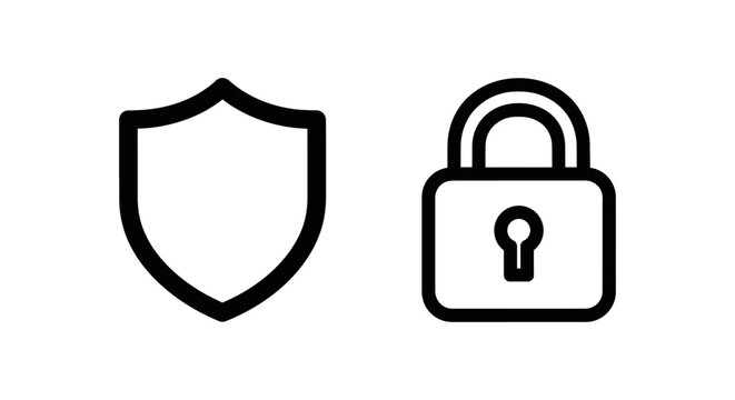 Security icons: shield with swg and padlock - vector illustration for protection, safety, and data privacy concepts, black and white, white background