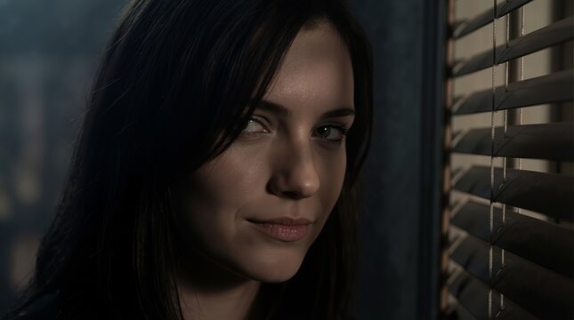 Woman looking through window blinds with curious expression. Moody portrait of girl peeking outside at night. Concept of mystery, secrecy, anticipation and urban solitude in darkness